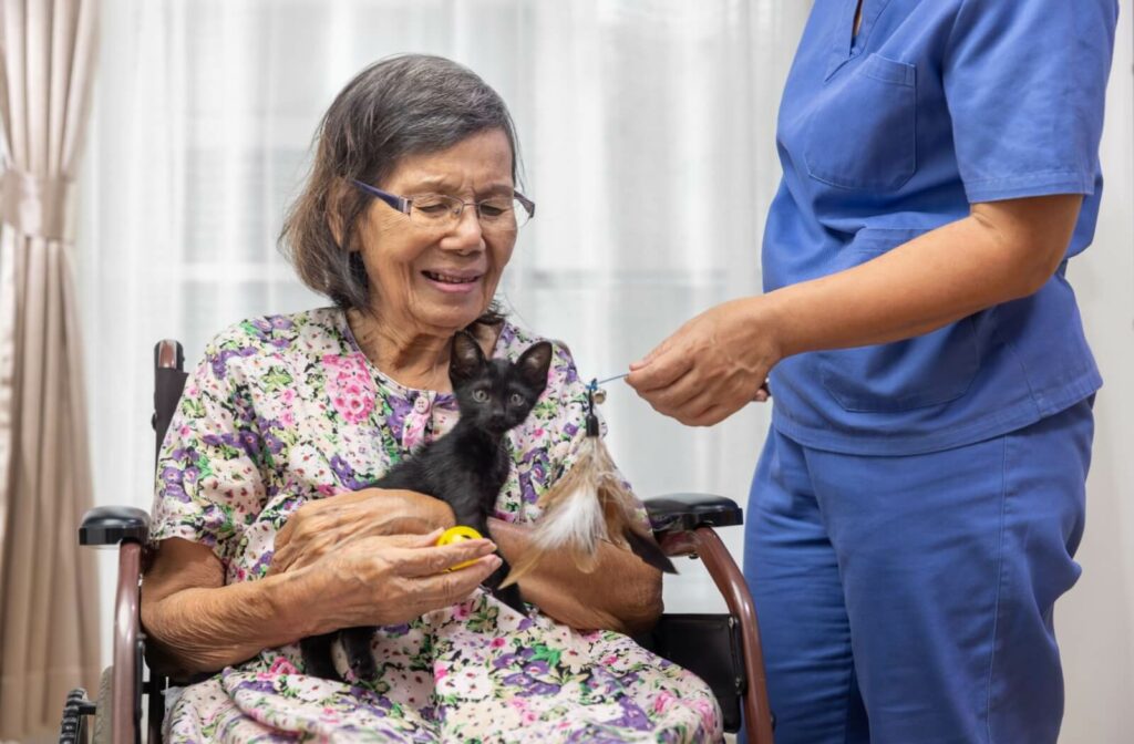 A nurse gives a memory care resident a small cat and some cat toys as a means of cognitive enrichment