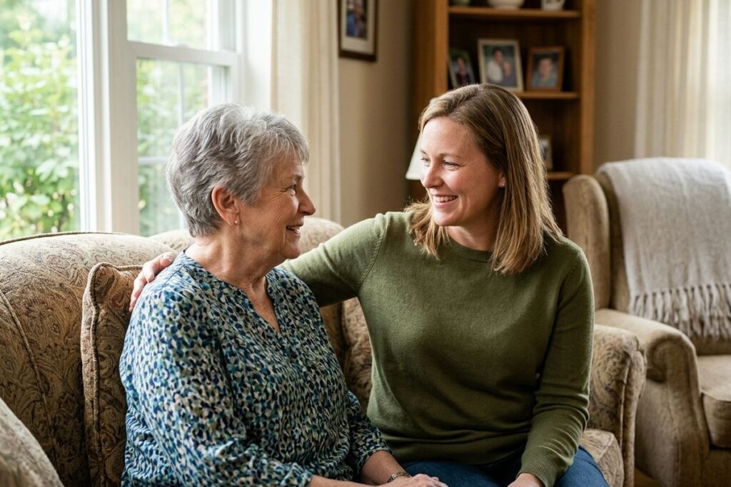 Two adults smiling together on a sofa, with one resting a hand on the other's shoulder.