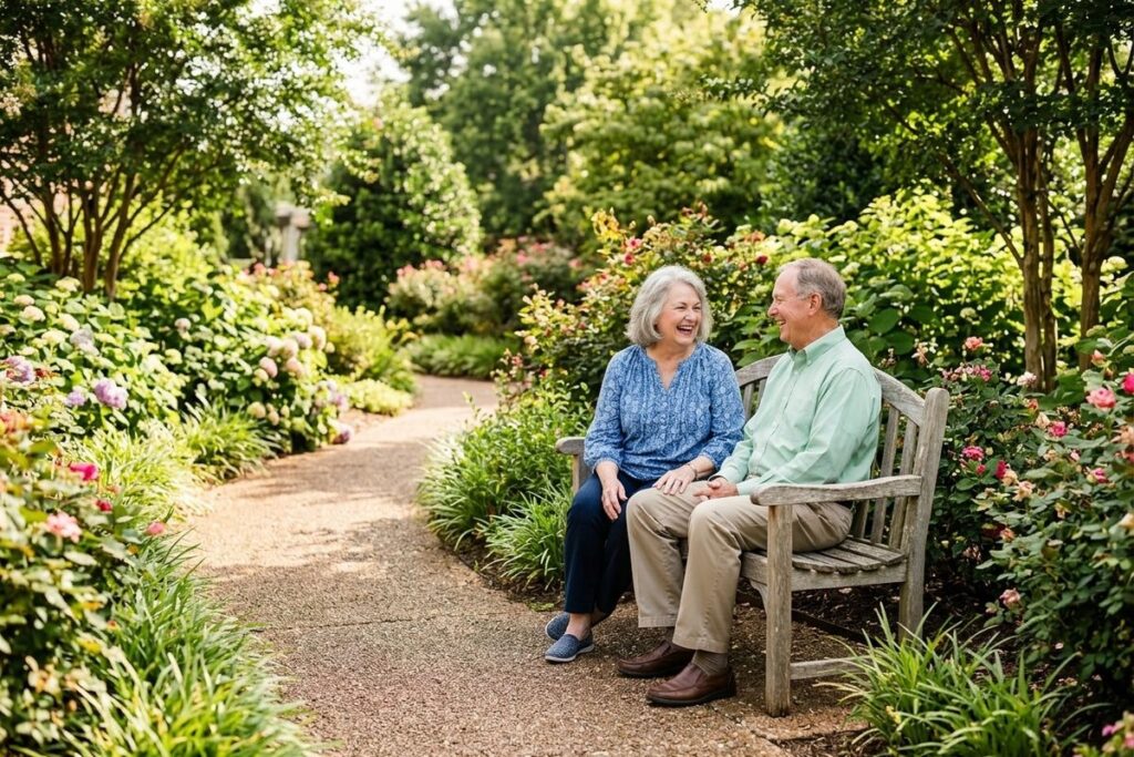 Two older adults sitting on a bench beside a paved path in a lush garden, smiling at each other.