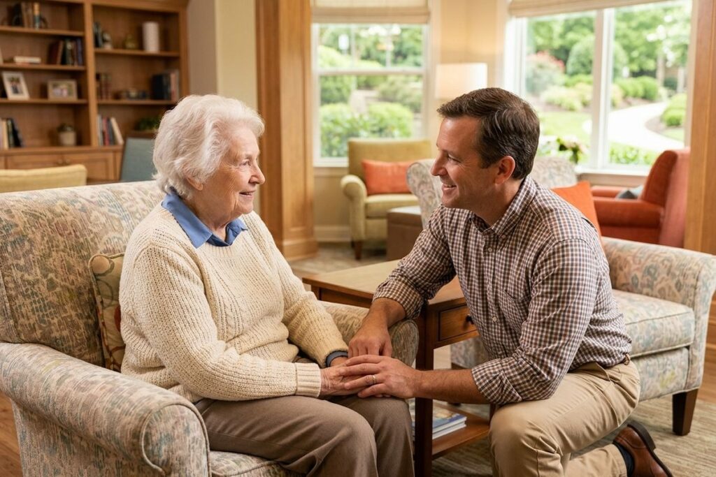A smiling adult kneels and holds the hands of a senior seated in a patterned armchair in a bright, comfortable living area.