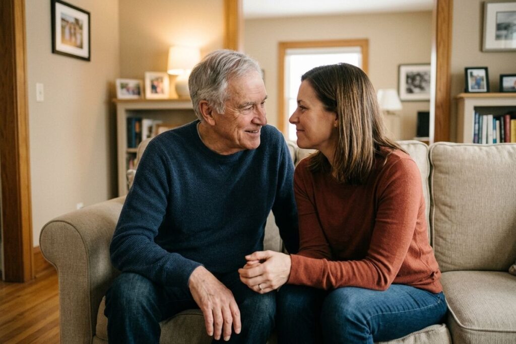 A senior and a younger adult sit on a living room couch, facing each other and making smiling eye contact.