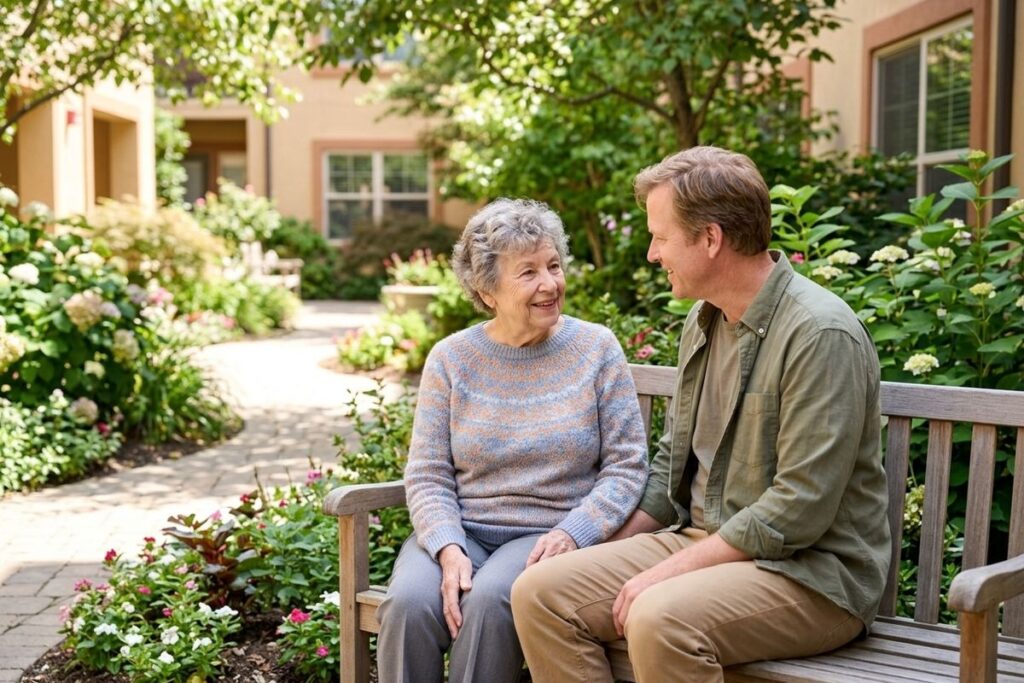 An older adult and their adult child sit on a wooden bench in a garden courtyard, smiling and looking at each other.
