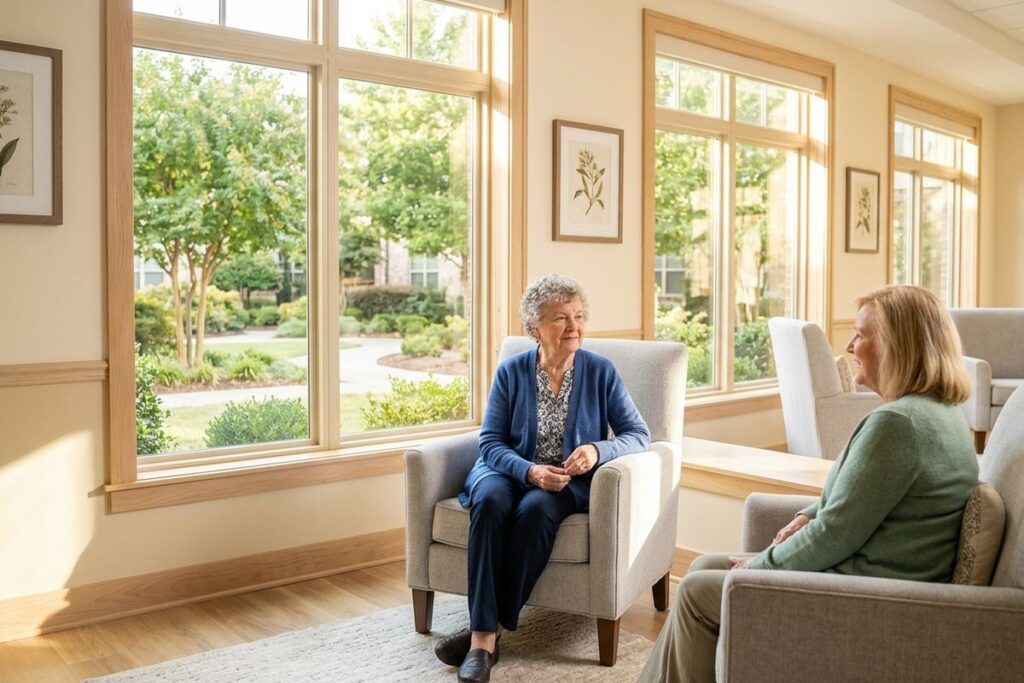 Two seniors sit in armchairs, smiling and conversing in a sunlit room with large windows facing a garden.