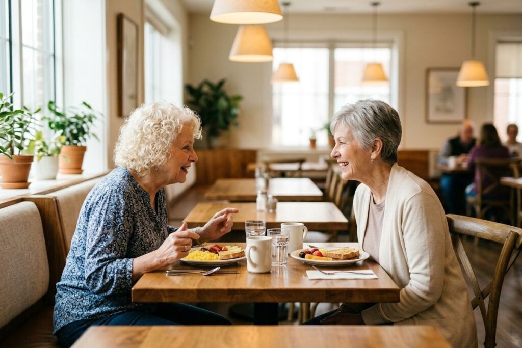 Two smiling seniors sit across from each other at a wooden cafe table, talking over a meal of toast, fruit, and eggs.